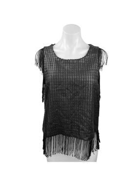 Design Lab Black Textured Sleeveless Fringe Crewneck Chic Tunic Tank Top Size M